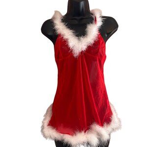 Red Sheer Santa-Inspired Mesh Babydoll With White Marabou Trim & Halter Neck Lin